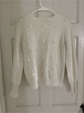 Simplee Apparel Ivory Pom-Pom Chevron Crewneck Sweater